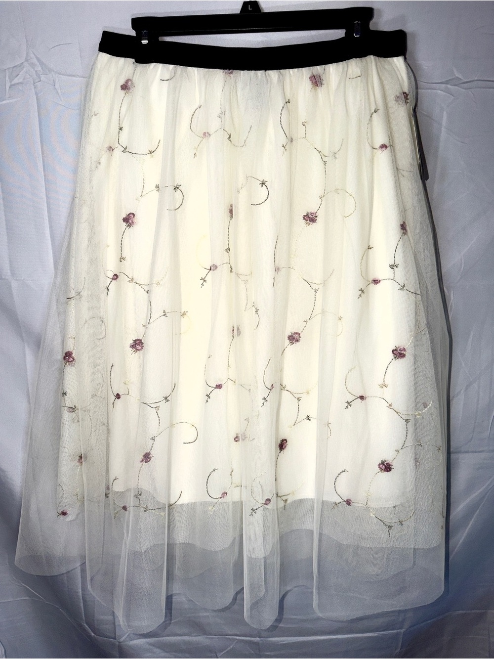Embroidered Ivory Tulle Midi Skirt with Black Waistband